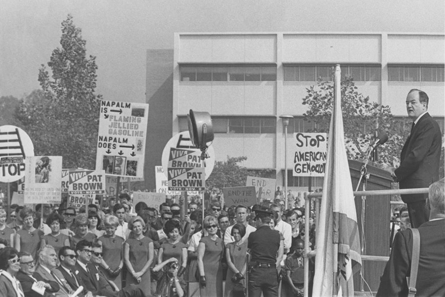 Vice President Hubert Humphrey addressing student protesters