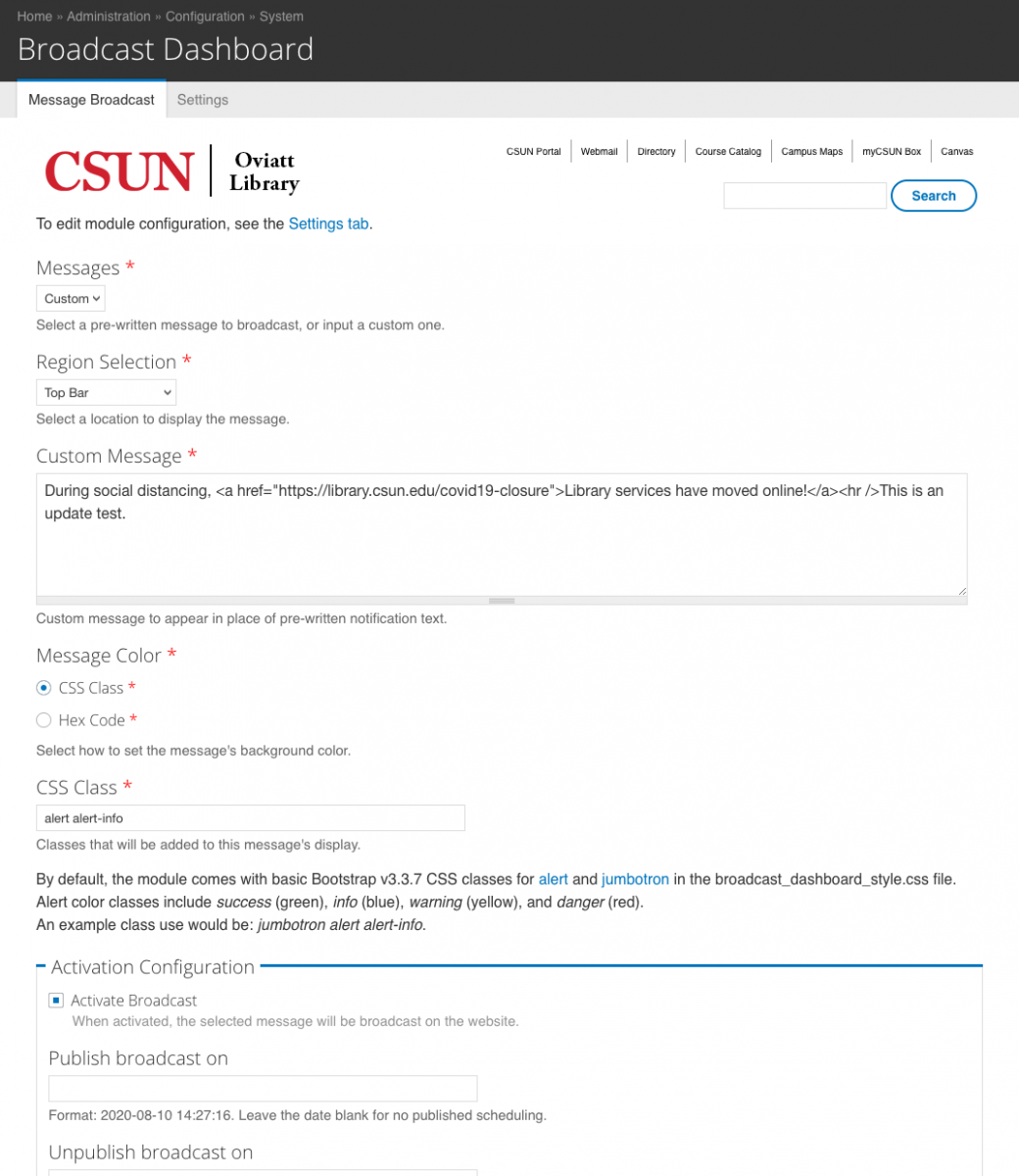Broadcast Dashboard Settings Page to publish