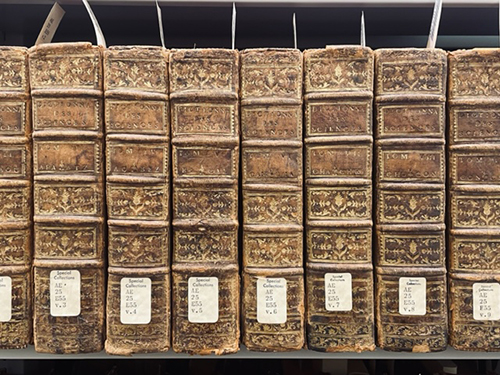 View of the spines of multiple volumes of the Encyclopedia, AE25.E55 