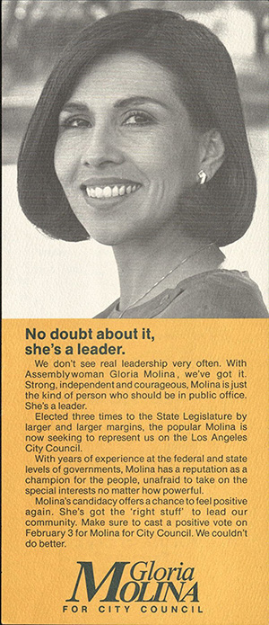 Gloria Molina for City Council door tag, Frank del Olmo Collection, Box 109 Folder 3