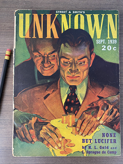 Cover illustration from Unknown featuring the story None but Lucifer, vol. 2 no. 1 September 1939, P1. U554