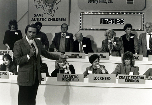 Volunteers work the phones representing multiple businesses and non-profit organizations during the Save Autistic Children telethon, circa 1978.