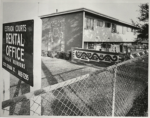 Estrada Courts Chicano Murals:  Aztec God, 1973, photograph by Fitzgerald Whitney, Frank del Olmo Collection