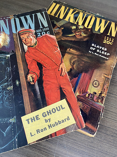 Covers of two Unknown pulps featuring L. Ron Hubbard stories. Vol. 1 no. 5 and no. 6, P1 .U554