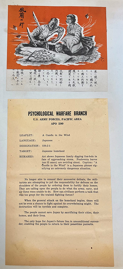Leaflet and accompanying Psychological Warfare Branch explanation, ca. 1941-1945, Psychological Warfare Branch Scrapbook