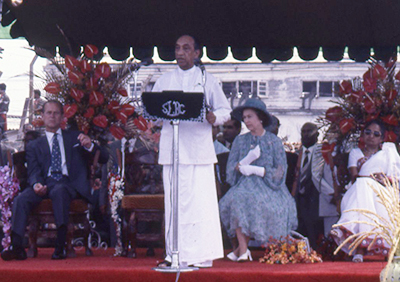 Junius Richard Jayewardene, then President of Sri Lanka, delivers a speech during Queen Elizabeth II and Prince Phillip’s visit to Sri Lanka, celebrating its 50-year anniversary of adult universal franchise, 1981