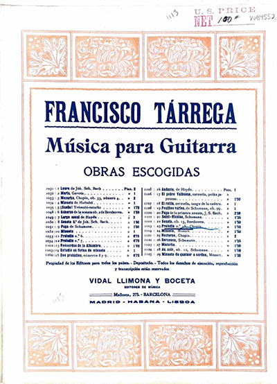 Table of contents, Francisco Tarrega’s transcribed works for the guitar, Vahdah-Bickford Collection, Box 73, Folder 63