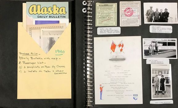 Scrapbook pages, Three Tips to Alaska. Catherine Mulholland Collection
