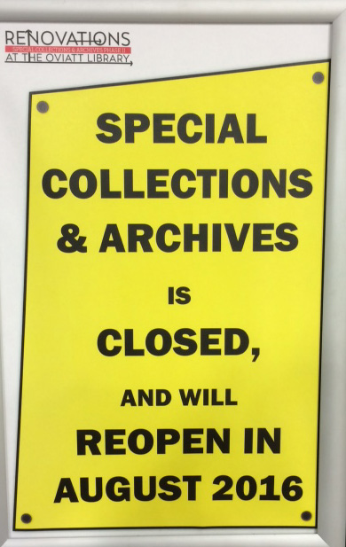 Sign indicating Special Collections and Archives is closed for renovations