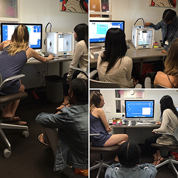 Students working with a 3D printer in the Oviatt Library's Creative Media Studio
