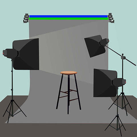 stool in front of backdrop with studio lights