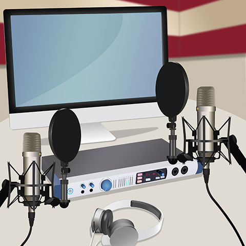 computer with microphones and a headset