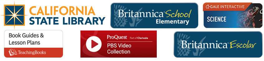 California State Library logo and logos from Britannica, Gale, Teachingbooks and Proquest