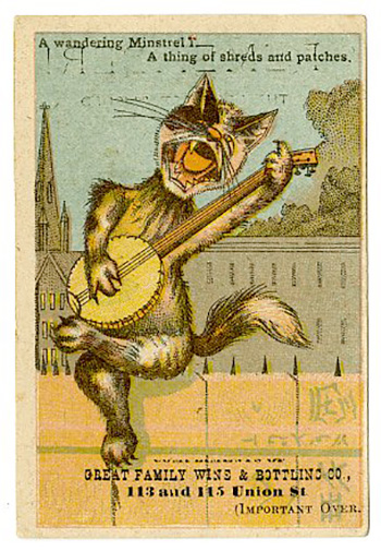A feline adaptation of a character from the Gilbert and Sullivan opera, The Mikado, advertising for the Great Family Wine & Bottling Company.