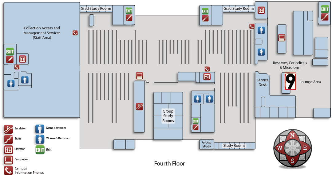 Fourth floor map with number 9 label where Course Reserves is located
