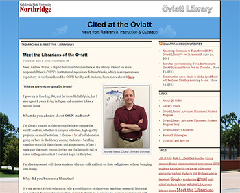 Screenshot of the Meet the Librarians Series on the Oviatt Library's "Cited at the Oviatt" blog.