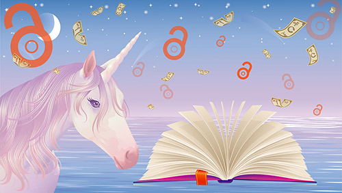 Unicorn with book, open access symbols and dollar bills