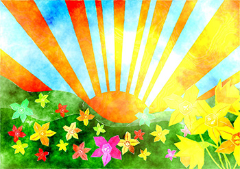 watercolor of sun and flowers