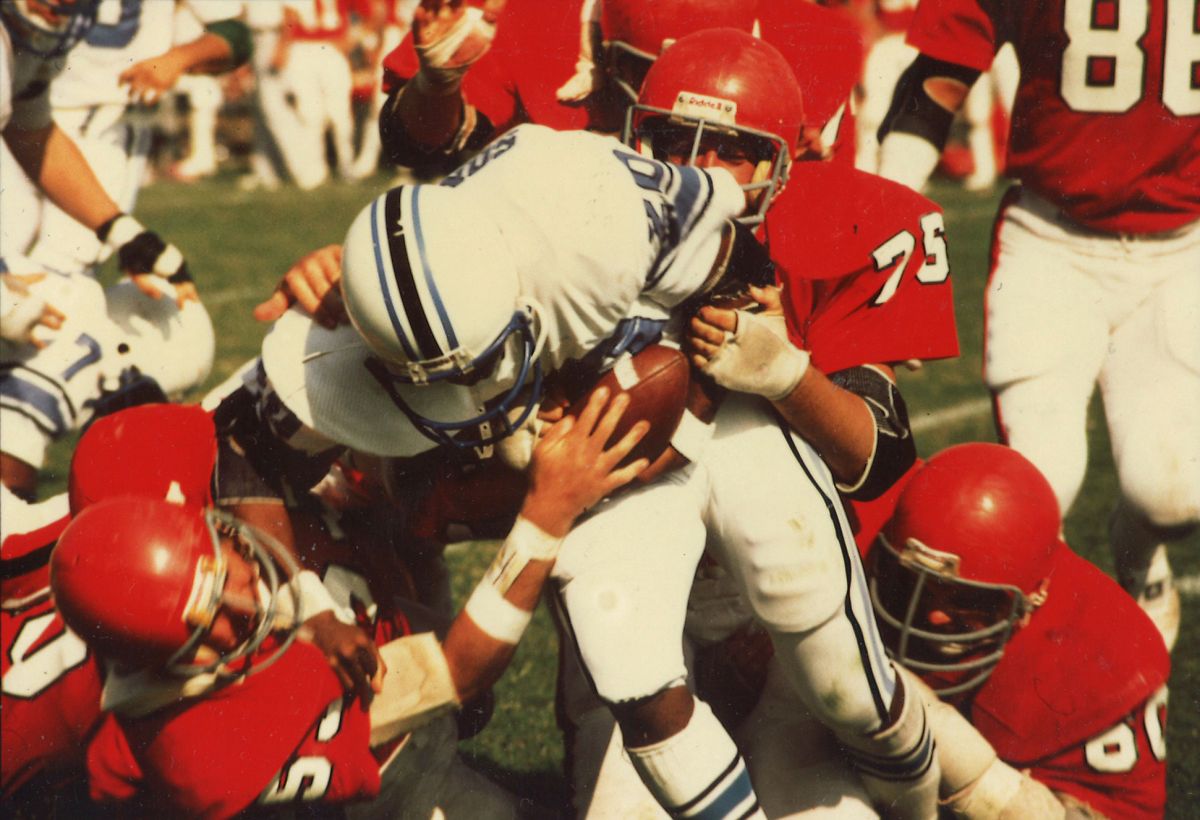 Matadors’ defense brings down opposition, ca. 1982. University Archives Photograph Collection