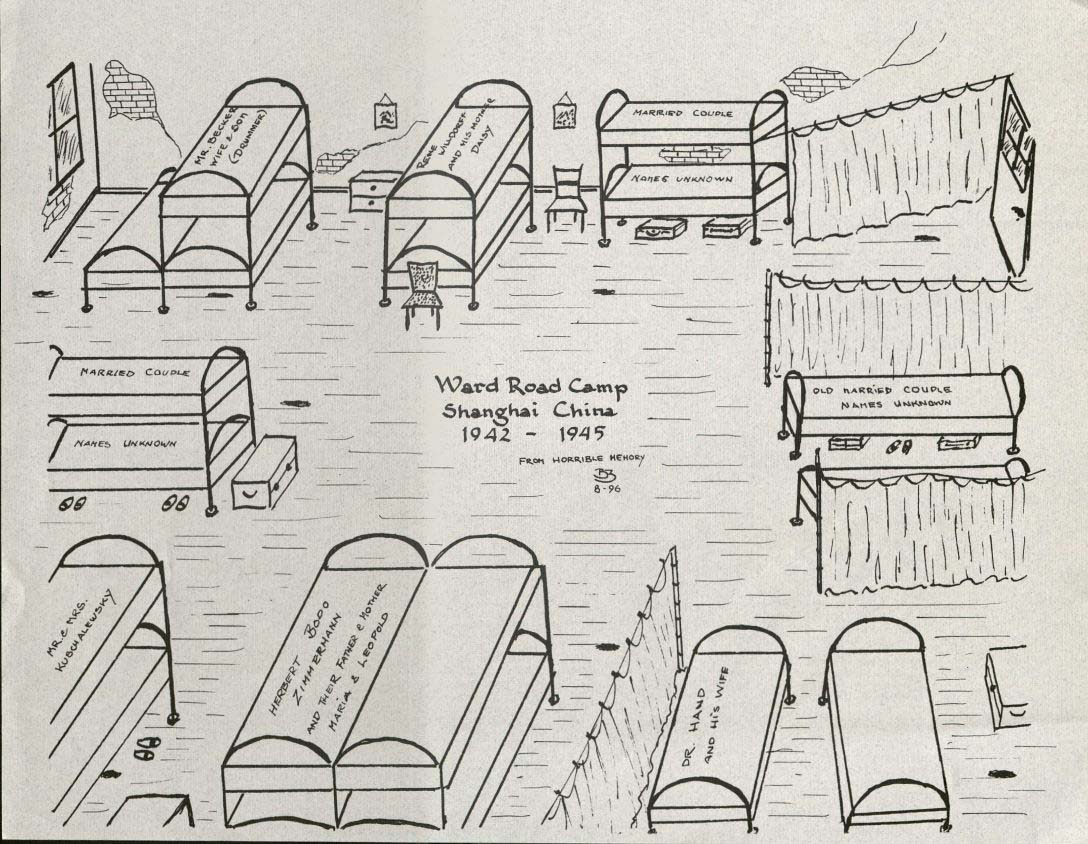 Drawing of Ward Road Camp living quarters in Shanghai where Zimmerman lived from 1942-1945, Bodo Zimmermann Papers