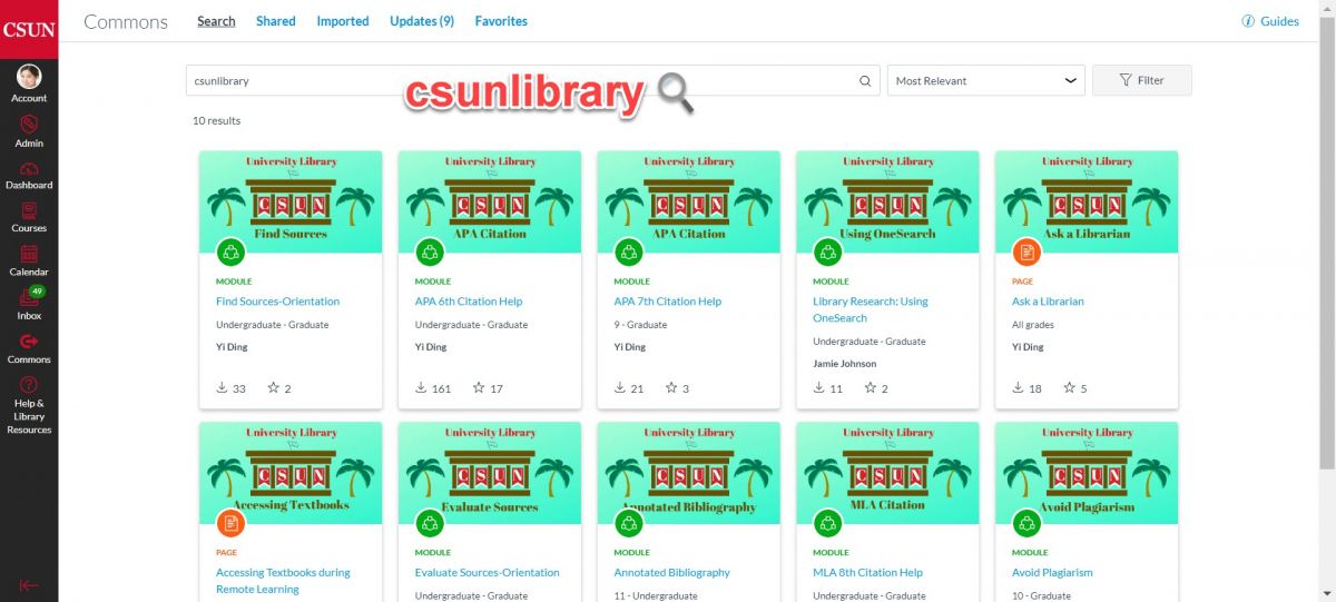 A screenshot of Canvas Commons with "csunlibrary" in the search bar