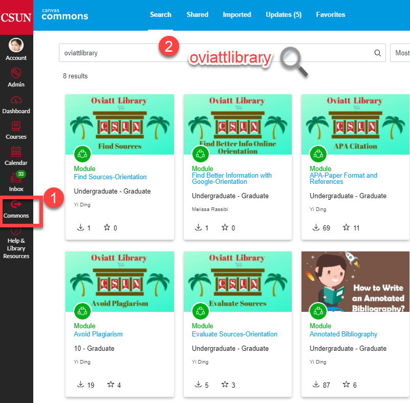 screenshot of Canvas Commons page with "universitylibrary" in the search bar