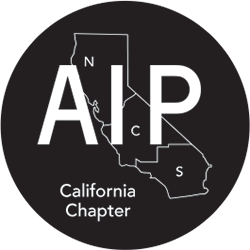 AIP logo as white text on black background with silhouette of state of California