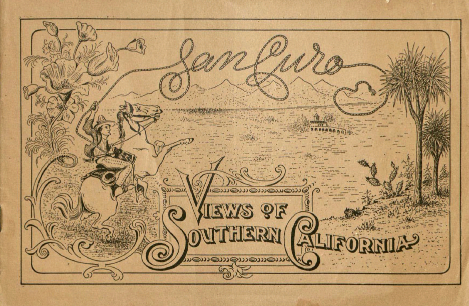 Brochure cover with man on horse, flowers, and other California desert elements