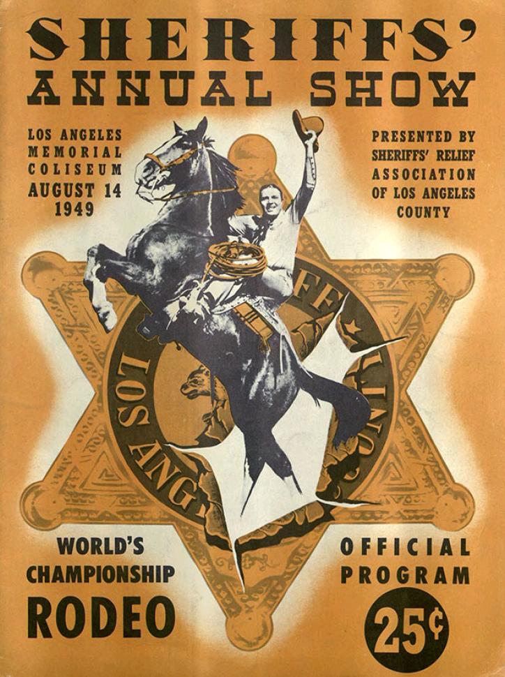 Poster for rodeo with man extending arm in air with hat in hand while riding a horse and in the background a large sheriff's star