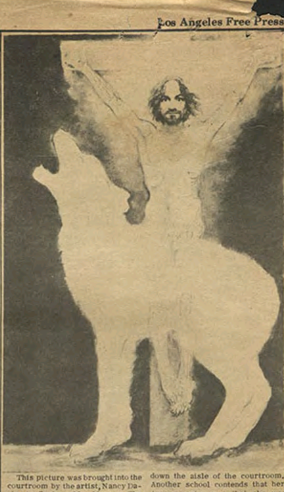 Crucified man stares calmly forward. A white wolf howls in the foreground.