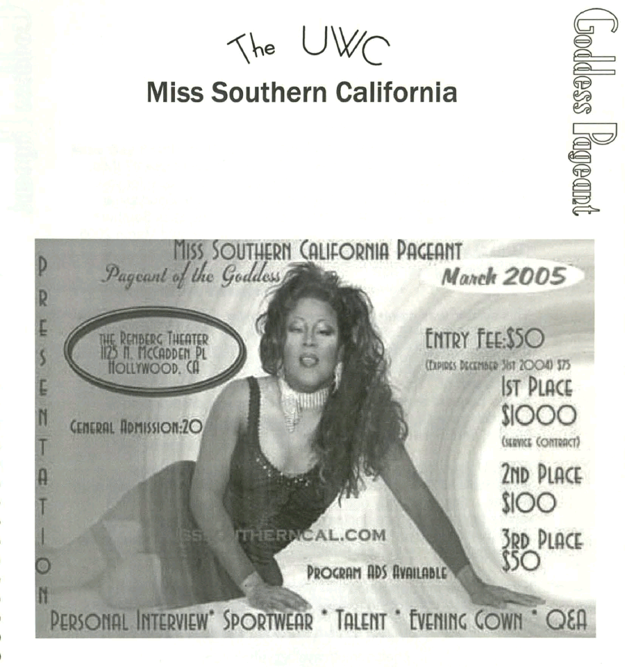 Cover for the Miss Southern California pageant book with photo of a drag queen and text announcing different aspects of the contest such as fee, prizes, and competition classes
