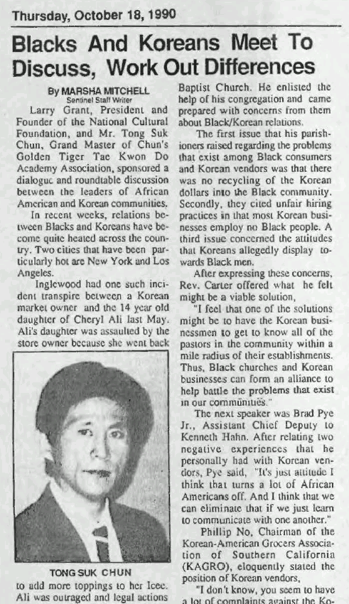 Newspaper clipping with a photo of a man and a heading of Blacks and Koreans Meet To Discuss, Work Out Differences