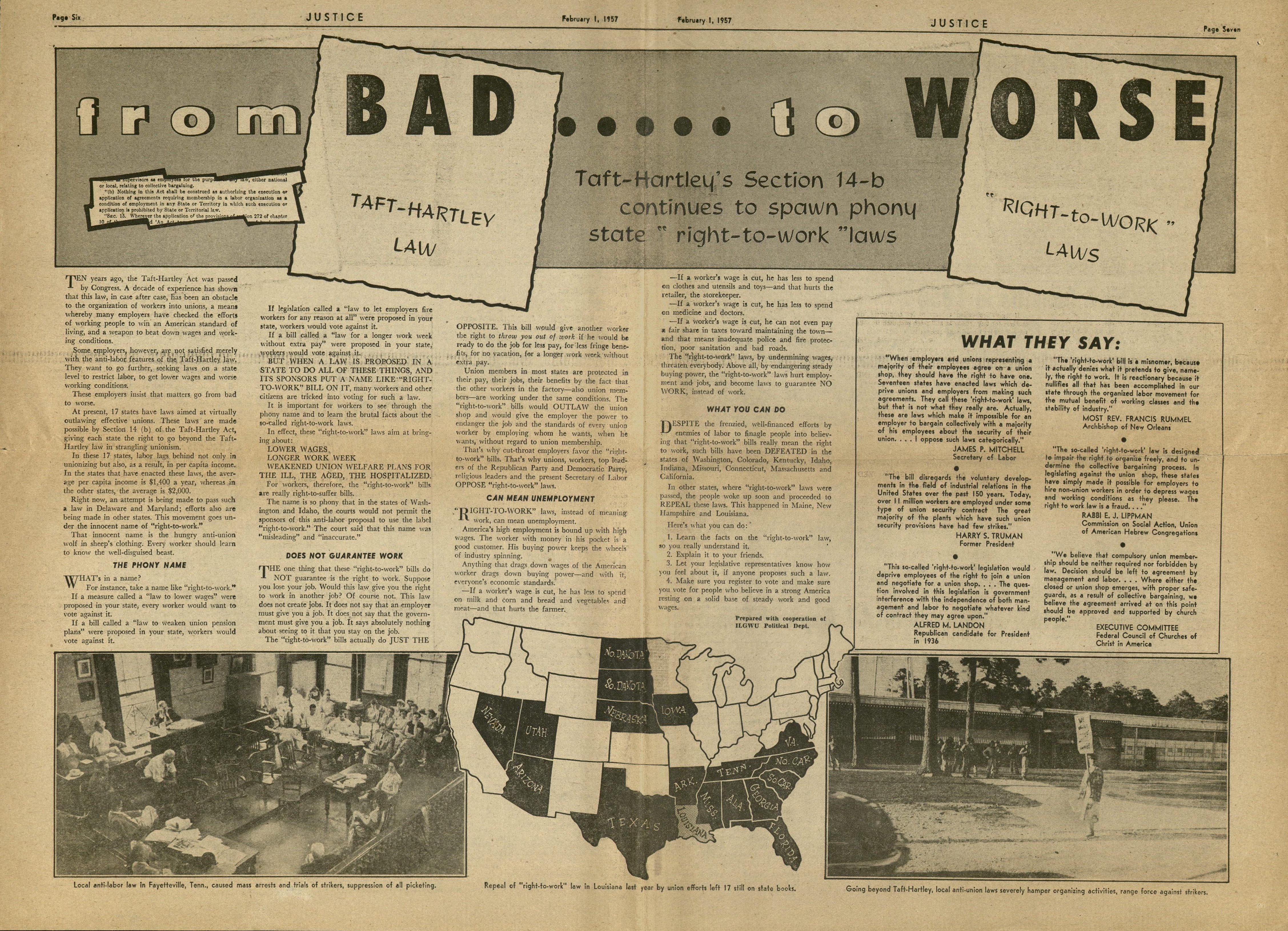 Double-page spread of an article on Right to Work laws