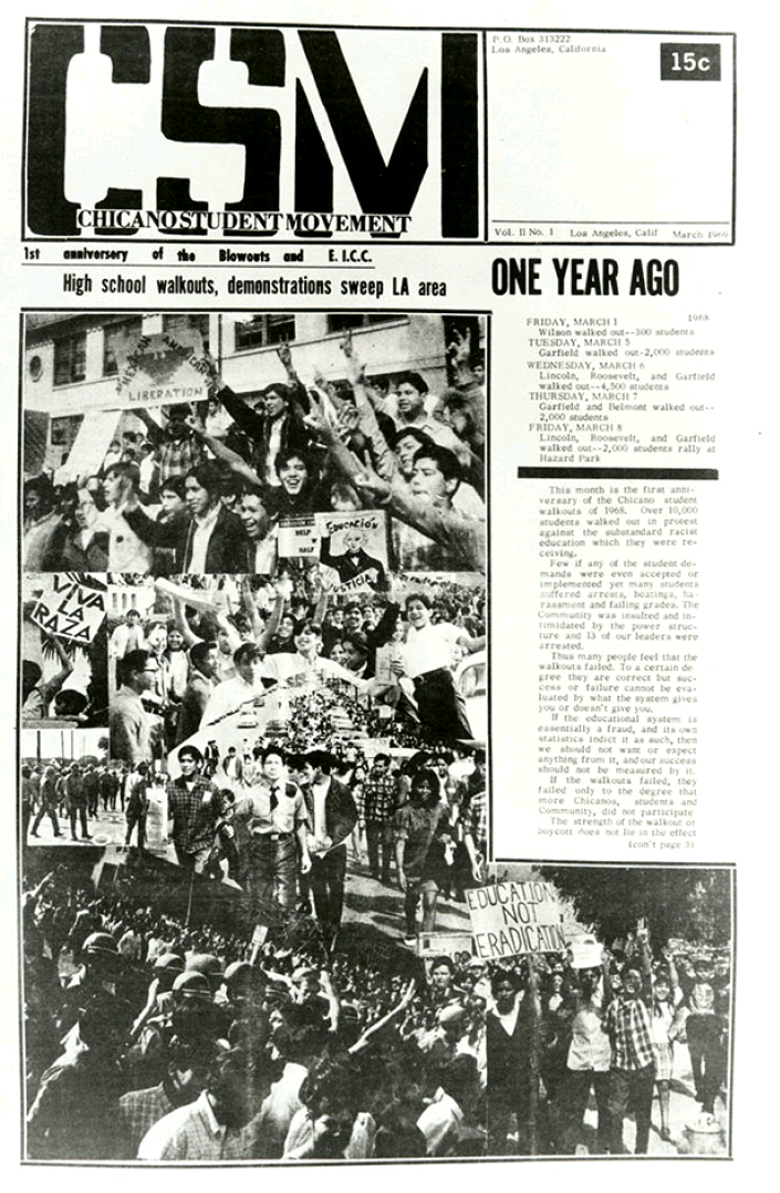 Magazine cover of the Chicano Student Movement with various pictures of chicano protesters.