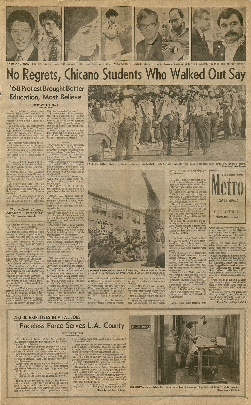 Los Angeles Times, Metro Section Cover, with article on the March 1, 1968 Chicano Student Walkout.
