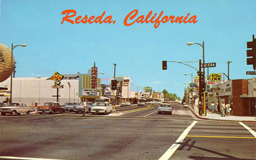 Postcard photo of an intersection.  Reseda, California