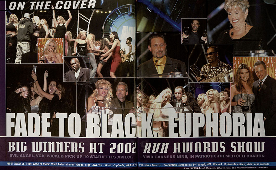 Double-page spread from AVN with photos of people celebrating