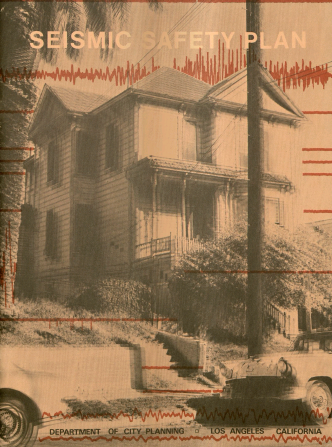 Cover for Seismic Safety Plan with distorted 'shaking' photo of house and cars in front. Seismic lines adorn parts of the cover