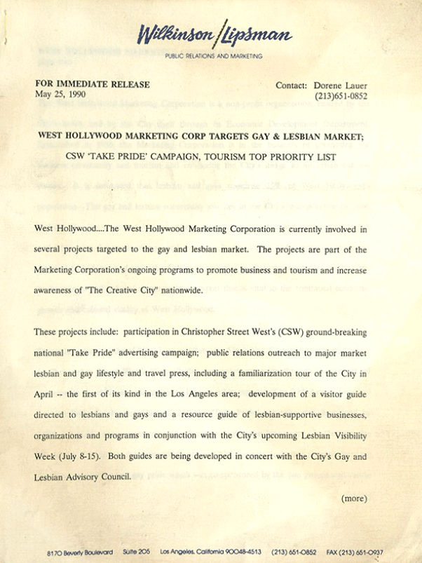 Press release for 'West Hollywood Marketing Corp Targets Gay and Lesbian Market with the text logo for the Wilkinson/Lipsman public relations and makerting company at the top.