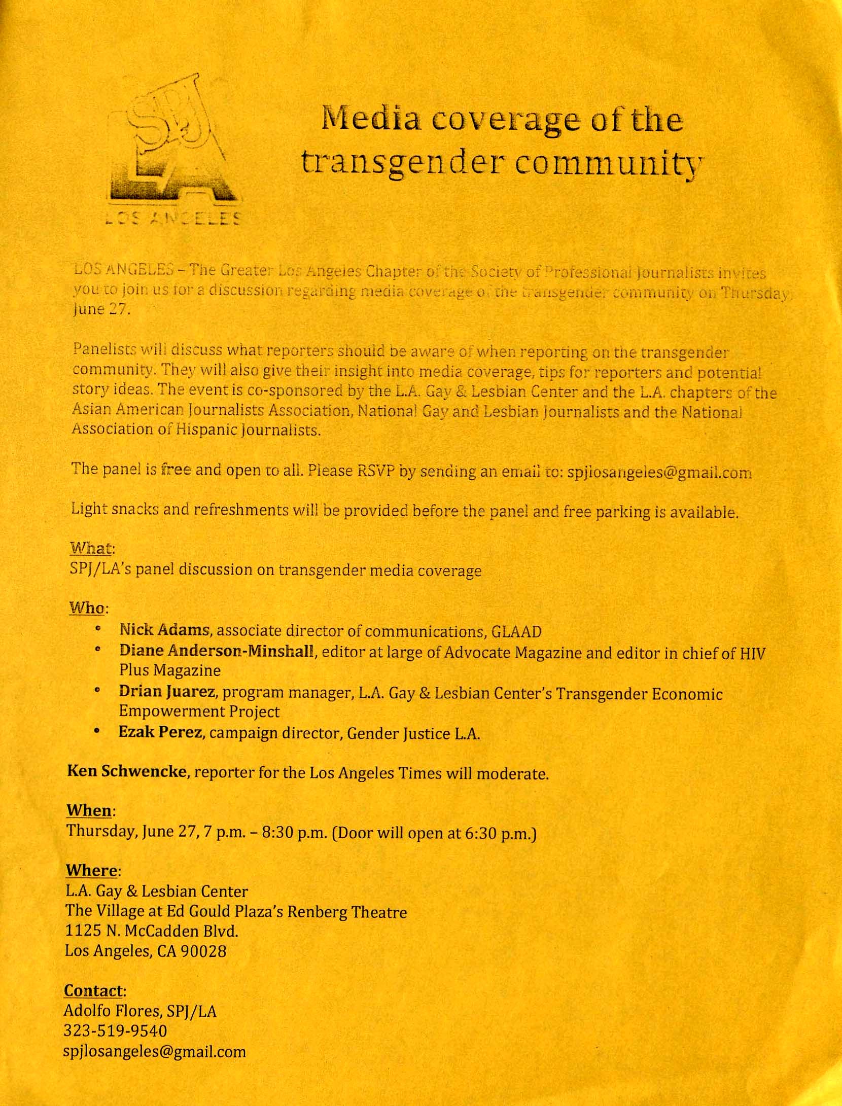 An event flyer about media coverage of the transgender community