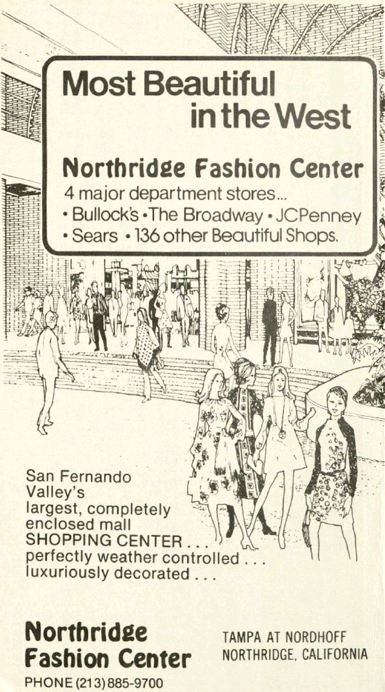 Most Beautiful in the West Northridge Fashion Center (booklet cover) with drawing of several people entering, walking and standing around the shopping center